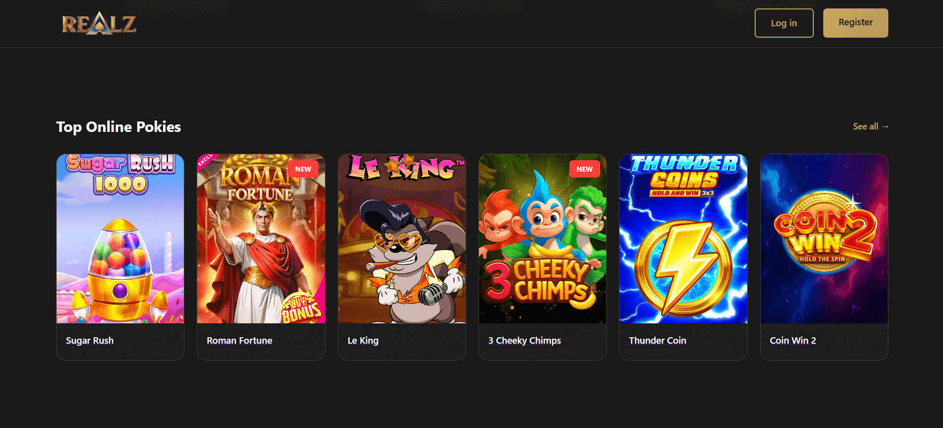 Realz casino displaying top online pokies selection